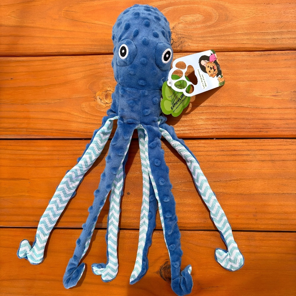 NWT Dog Octopus Squeaky Tug Toy Crinkle in Blue
